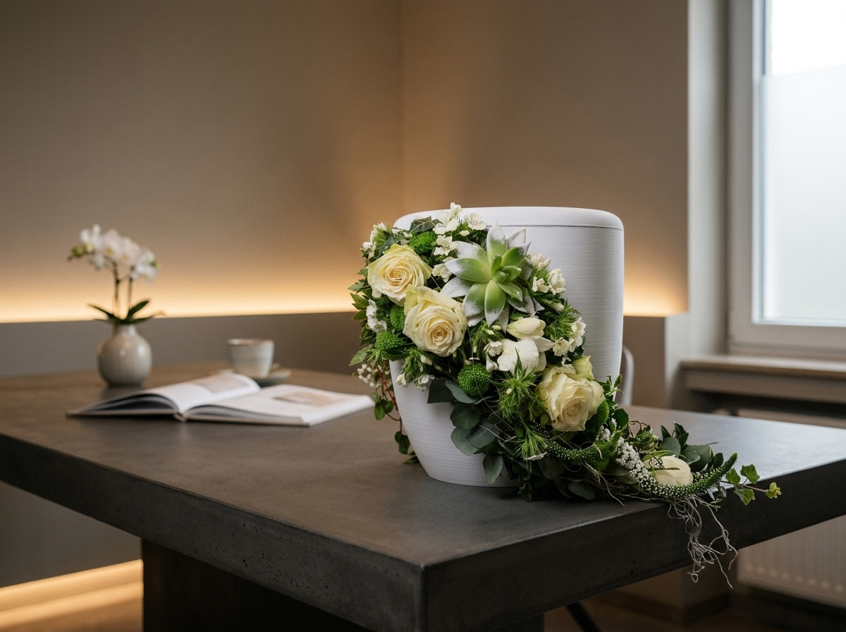 Cremefarbene Rosen mit Grünwerk auf dem Tisch