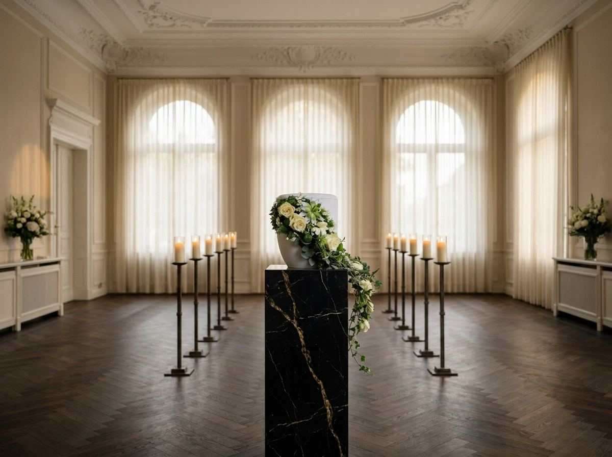 Florale Hängung mit weißen Rosen, Trauerhalle